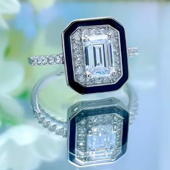 S925 Sterling Silver Black Enamel Square Cubic Zirconia Ring Statement Piece - Picture 8 of 12